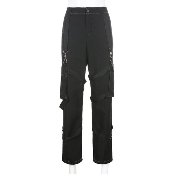 Punk Style High Waist Cargo Pants Gothic Metal But - Picture 4 of 6